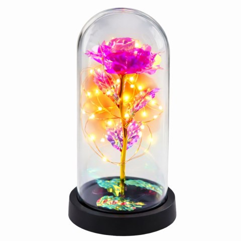 Wieczna Kryształowa Róża w Kopule z Oświetleniem LED Różowa 21x11cm