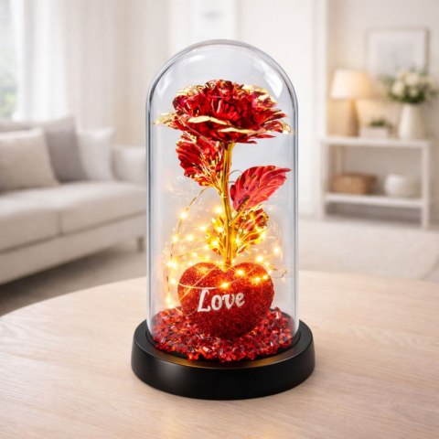 Wieczna Róża w Kopule z Oświetleniem LED Sercem Koralikami Czerwona 21x11cm