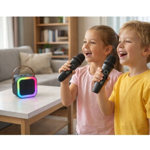 Zestaw Do Karaoke Głośnik Dwa Mikrofony Światła LED Czarny