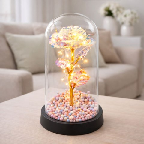 Wieczna Róża W Szklanej Kopule Oświetlenie LED Kryształowa 21,5 x 11 cm
