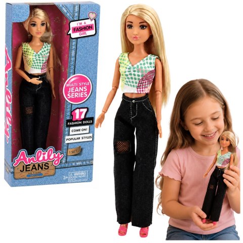 Lalka Modowa Anlily w Ciemnych Jeansach Kolorowy Top Blond Włosy