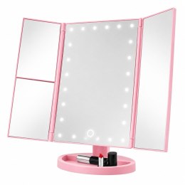 Lusterko Kosmetyczne LED Składane Powiększające Dotykowe Obrotowe Różowe