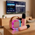 Zestaw do karaoke głośnik Bluetooth 2 mikrofony USB LED 6W różowy