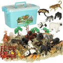 Figurki zwierząt zwierzęta zoo safari farma akcesoria skrzynka 59 elementów