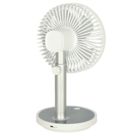 Wentylator biurkowy wiatrak przenośny bezprzewodowy USB z akumulatorem regulowany 4 poziomy mocy LED 38cm biały