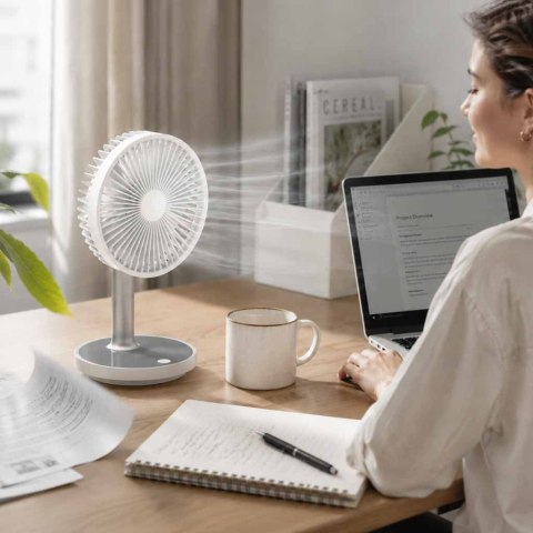 Wentylator biurkowy wiatrak przenośny bezprzewodowy USB z akumulatorem regulowany 4 poziomy mocy LED 38cm biały