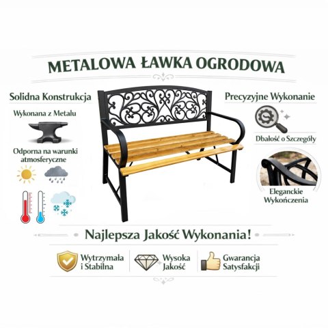 Ławka Ogrodowa Park Taras Ogród Metalowe Oparcie Drewniana Zdobiona 118 cm